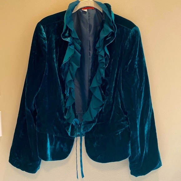 Anthropologie New Romantic Green Velvet Ruffle Neck Trim Wide Sleeve Jacket 14 - Picture 1 of 7